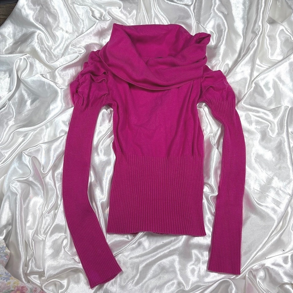 y2k Sweater Pink Excellent Cowl Neck Puff Shoulder Ribbed Knit 4everyoung S